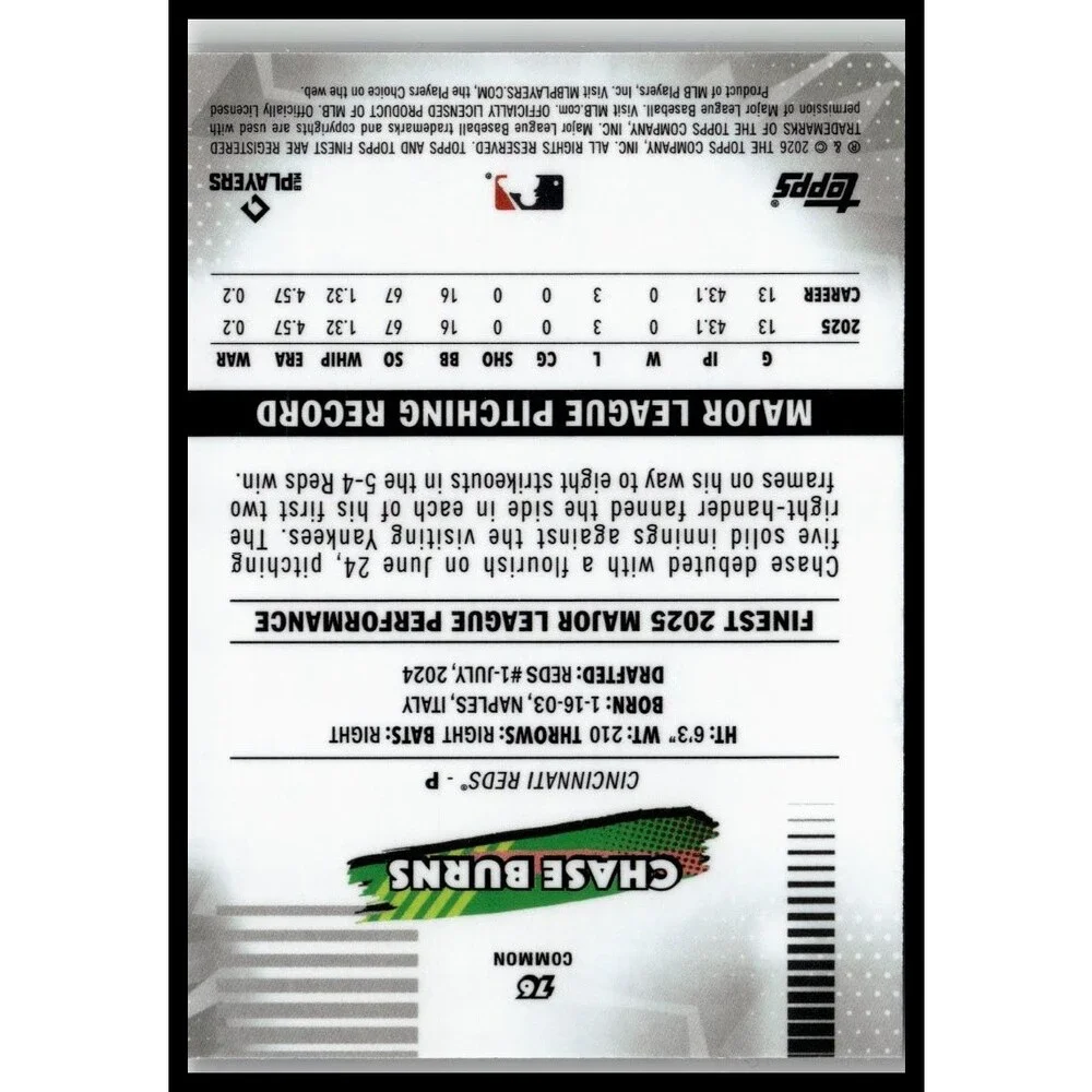 2026 Finest Chase Burns Common Base Rookie RC Reds